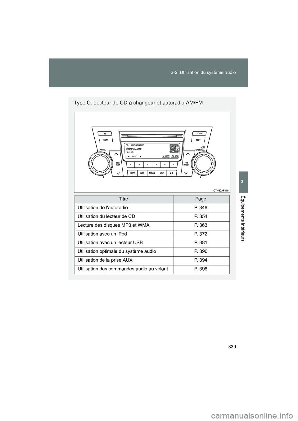 TOYOTA HIGHLANDER 2013  Manuel du propriétaire (in French) 339
3-2. Utilisation du système audio
3
Équipements intérieurs
Highlander_D
Type C: Lecteur de CD à changeur et autoradio AM/FM
TitrePage
Utilisation de lautoradioP. 346
Utilisation du lecteur de