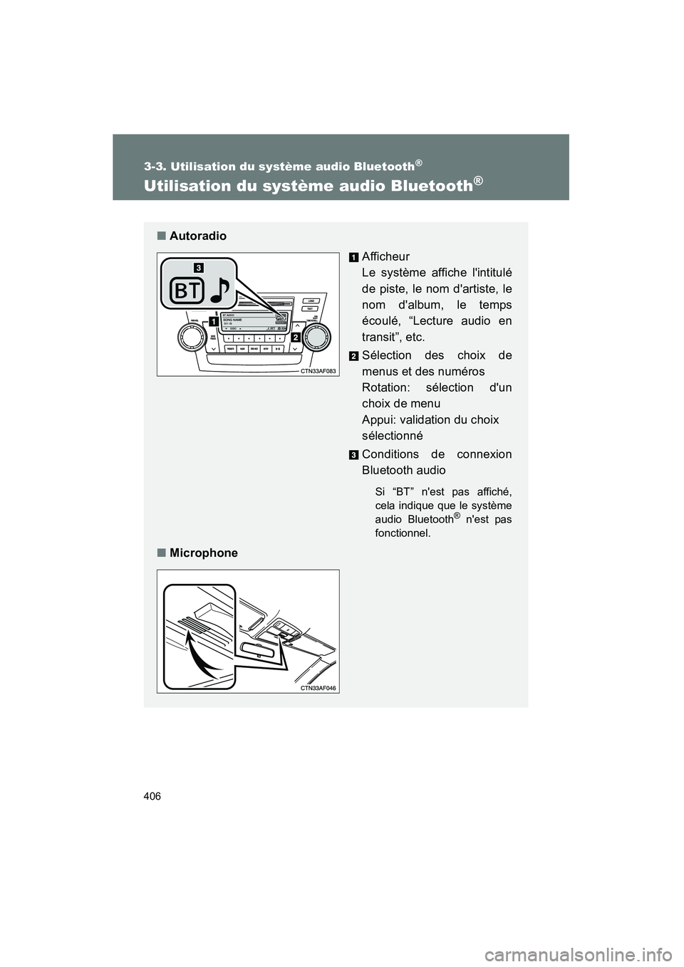 TOYOTA HIGHLANDER 2013  Manuel du propriétaire (in French) 406
3-3. Utilisation du système audio Bluetooth®
Highlander_D
Utilisation du système audio Bluetooth®
■Autoradio
Afficheur 
Le système affiche lintitulé
de piste, le nom dartiste, le
nom da