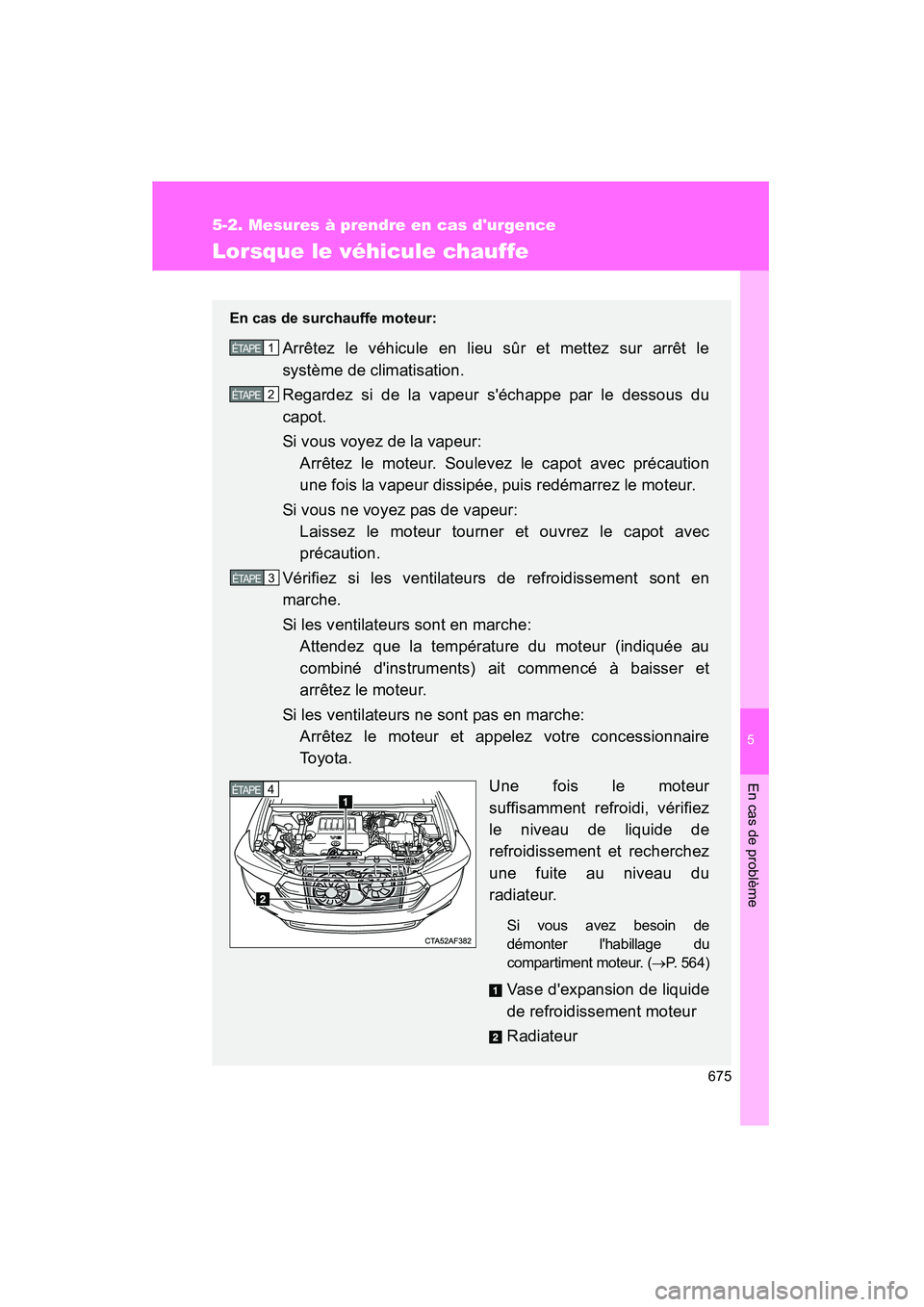 TOYOTA HIGHLANDER 2013 Manuel du propriétaire (in French) 5
En cas de problème
675
5-2. Mesures à prendre en cas durgence
Highlander_D
Lorsque le véhicule chauffe
En cas de surchauffe moteur:
Arrêtez le véhicule en lieu sûr et mettez sur arrêt le
sys TOYOTA HIGHLANDER 2013 Manuel du propriétaire (in French) 5
En cas de problème
675
5-2. Mesures à prendre en cas durgence
Highlander_D
Lorsque le véhicule chauffe
En cas de surchauffe moteur:
Arrêtez le véhicule en lieu sûr et mettez sur arrêt le
sys