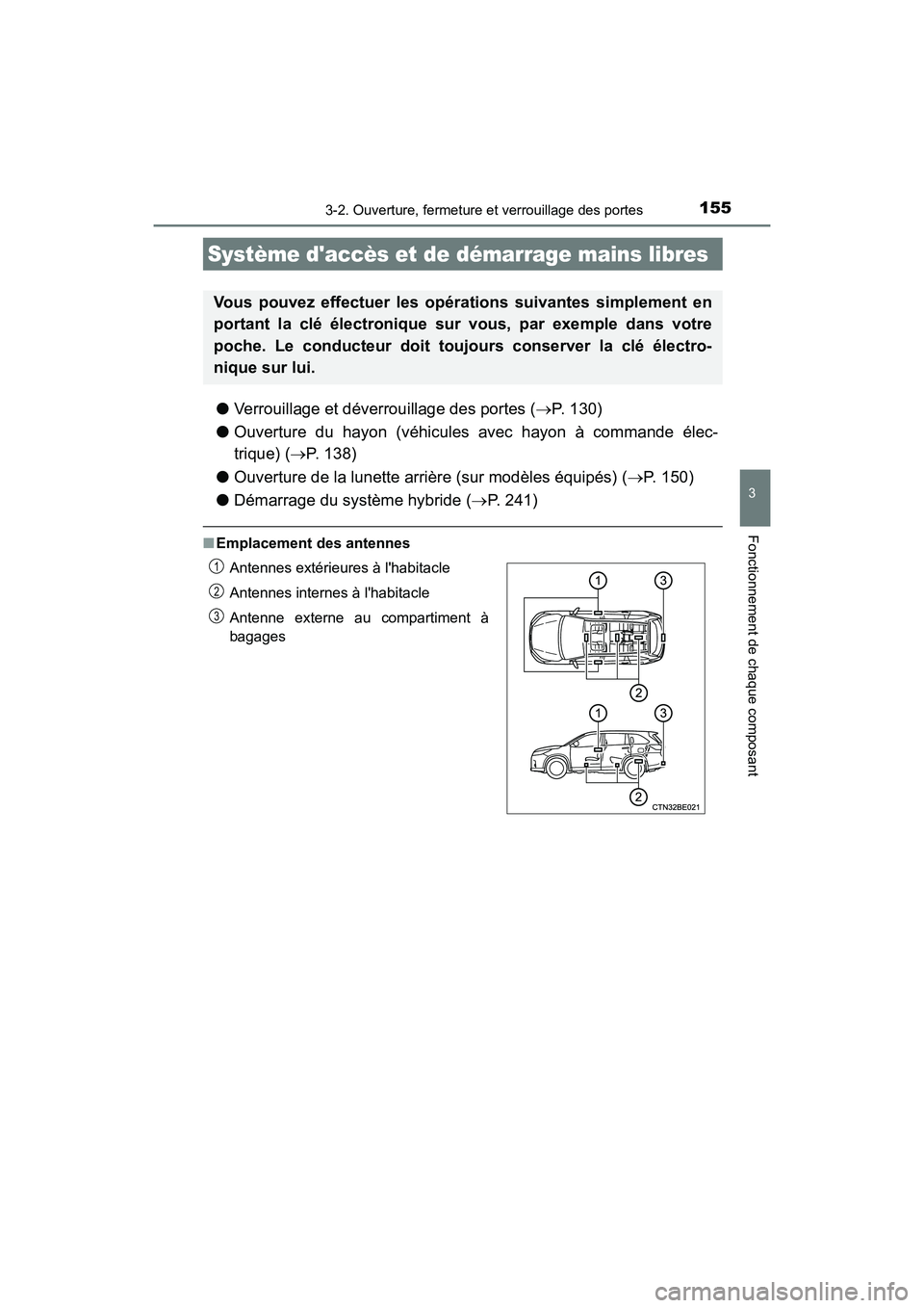 TOYOTA HIGHLANDER HYBRID 2018  Manuel du propriétaire (in French) 1553-2. Ouverture, fermeture et verrouillage des portes
3
Fonctionnement de chaque composant
HIGHLANDER_HV_D_OM0E032D
●Verrouillage et déverrouillage des portes (P. 130) 
● Ouverture du hayon 
