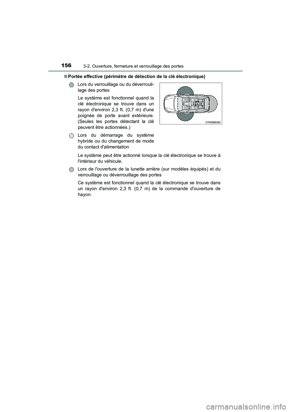 TOYOTA HIGHLANDER HYBRID 2018  Manuel du propriétaire (in French) 1563-2. Ouverture, fermeture et verrouillage des portes
HIGHLANDER_HV_D_OM0E032D 
■ Portée effective (périmètre de détection de la clé électronique) 
Lors du verrouillage ou du déverrouil- 
l