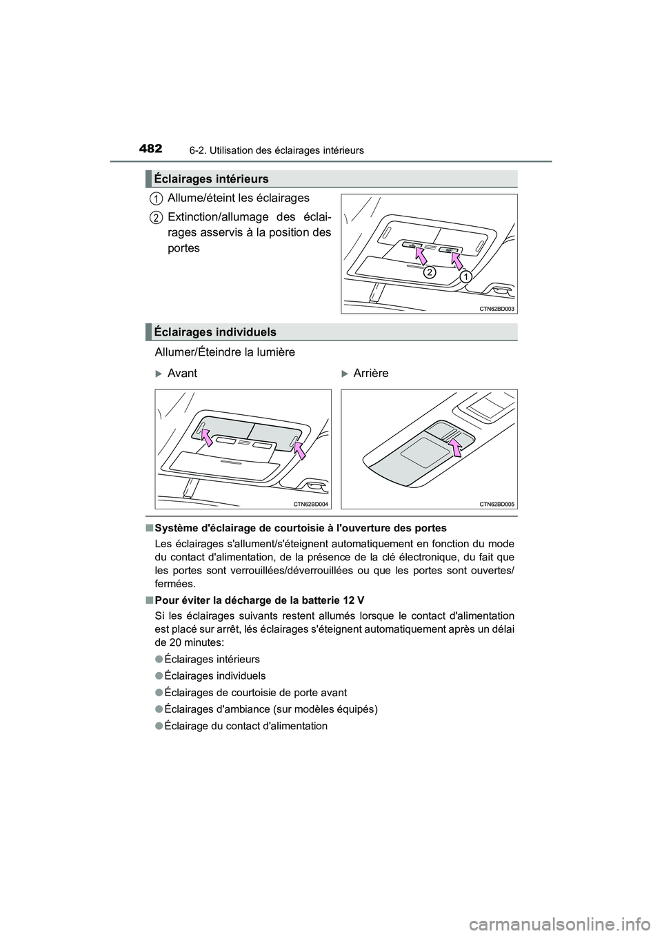 TOYOTA HIGHLANDER HYBRID 2018  Manuel du propriétaire (in French) 4826-2. Utilisation des éclairages intérieurs
HIGHLANDER_HV_D_OM0E032D
Allume/éteint les éclairages 
Extinction/allumage des éclai- 
rages asservis à la position des 
portes 
Allumer/Éteindre l
