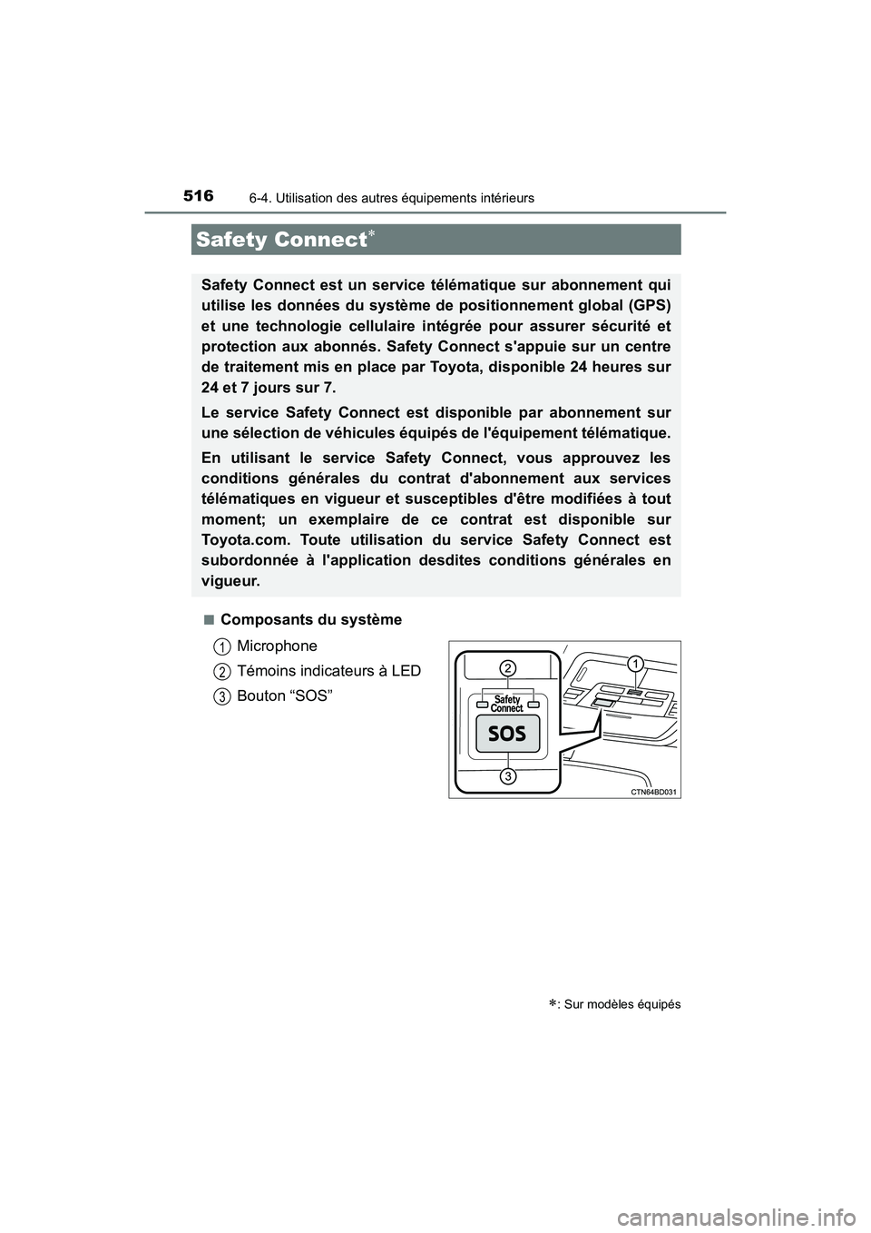 TOYOTA HIGHLANDER HYBRID 2018  Manuel du propriétaire (in French) 5166-4. Utilisation des autres équipements intérieurs
HIGHLANDER_HV_D_OM0E032D 
■Composants du système 
Microphone 
Témoins indicateurs à LED 
Bouton “SOS”
Safety Connect
: Sur modèl