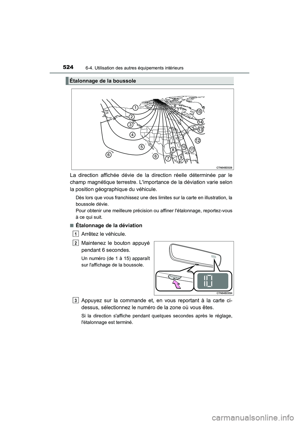 TOYOTA HIGHLANDER HYBRID 2018  Manuel du propriétaire (in French) 5246-4. Utilisation des autres équipements intérieurs
HIGHLANDER_HV_D_OM0E032D
La direction affichée dévie de la direction réelle déterminée par le 
champ magnétique terrestre. Limpo rtance d