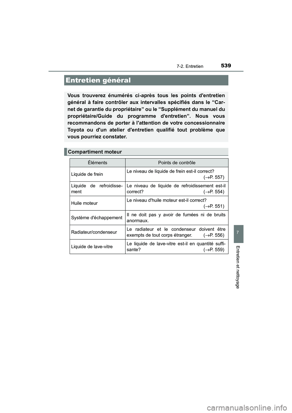 TOYOTA HIGHLANDER HYBRID 2018  Manuel du propriétaire (in French) 5397-2. Entretien
7
Entretien et nettoyage
HIGHLANDER_HV_D_OM0E032D
Entretien général
Vous trouverez énumérés ci-après tous les points dentretien 
général à faire contrôler aux intervalles 
