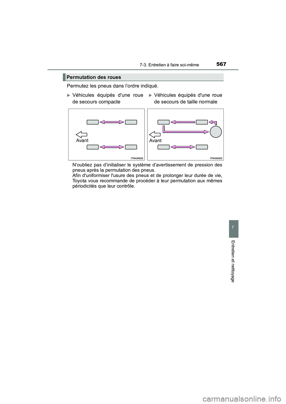 TOYOTA HIGHLANDER HYBRID 2018  Manuel du propriétaire (in French) 5677-3. Entretien à faire soi-même
7
Entretien et nettoyage
HIGHLANDER_HV_D_OM0E032D
Permutez les pneus dans l’ordre indiqué.
N’oubliez pas d’initialiser le système d’avertissement de pres