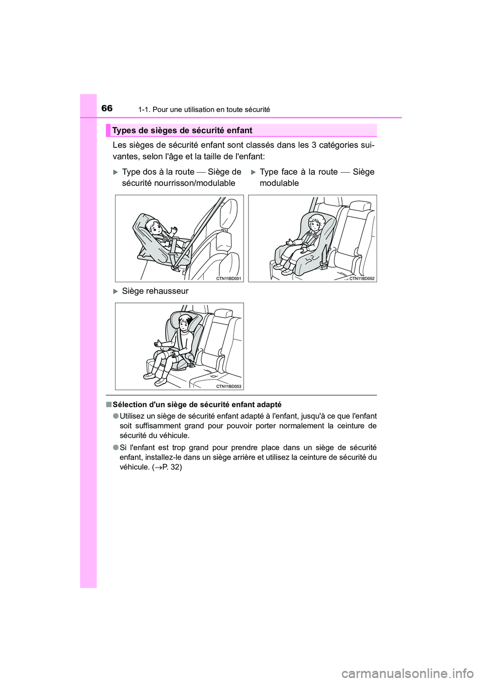TOYOTA HIGHLANDER HYBRID 2018  Manuel du propriétaire (in French) 661-1. Pour une utilisation en toute sécurité
HIGHLANDER_HV_D_OM0E032D
Les sièges de sécurité enfant sont classés dans les 3 catégories sui- 
vantes, selon lâge et la taille de lenfant:
■ 