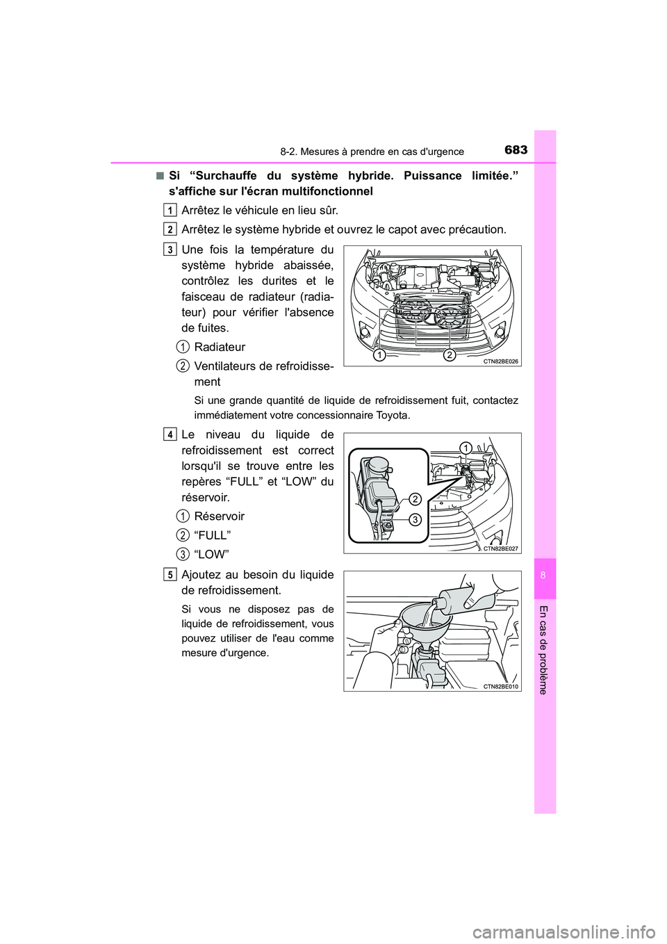 TOYOTA HIGHLANDER HYBRID 2018  Manuel du propriétaire (in French) 6838-2. Mesures à prendre en cas durgence
8
En cas de problème
HIGHLANDER_HV_D_OM0E032D 
■Si “Surchauffe du système hybr ide. Puissance limitée.” 
saffiche sur lécran  multifonctionnel 
