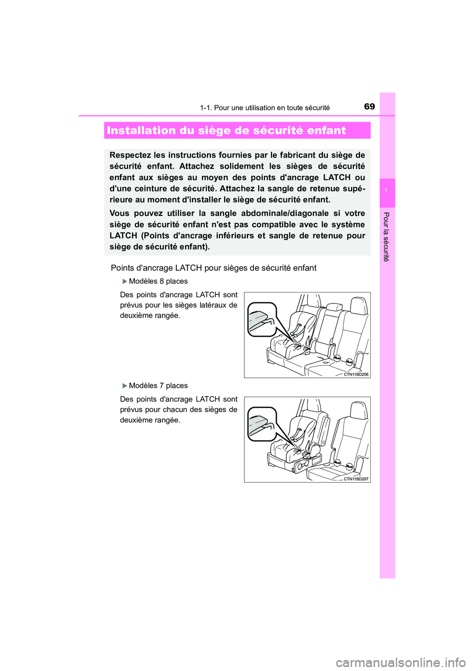 TOYOTA HIGHLANDER HYBRID 2018  Manuel du propriétaire (in French) 691-1. Pour une utilisation en toute sécurité
1
Pour la sécurité
HIGHLANDER_HV_D_OM0E032D
Points dancrage LATCH pour sièges de sécurité enfant
Modèles 8 places 
Des points dancrage LATCH 