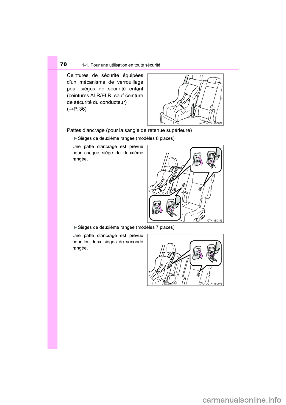 TOYOTA HIGHLANDER HYBRID 2018  Manuel du propriétaire (in French) 701-1. Pour une utilisation en toute sécurité
HIGHLANDER_HV_D_OM0E032D
Ceintures de sécurité équipées 
dun mécanisme de verrouillage 
pour sièges de sécurité enfant
(ceintures ALR/ELR, sauf