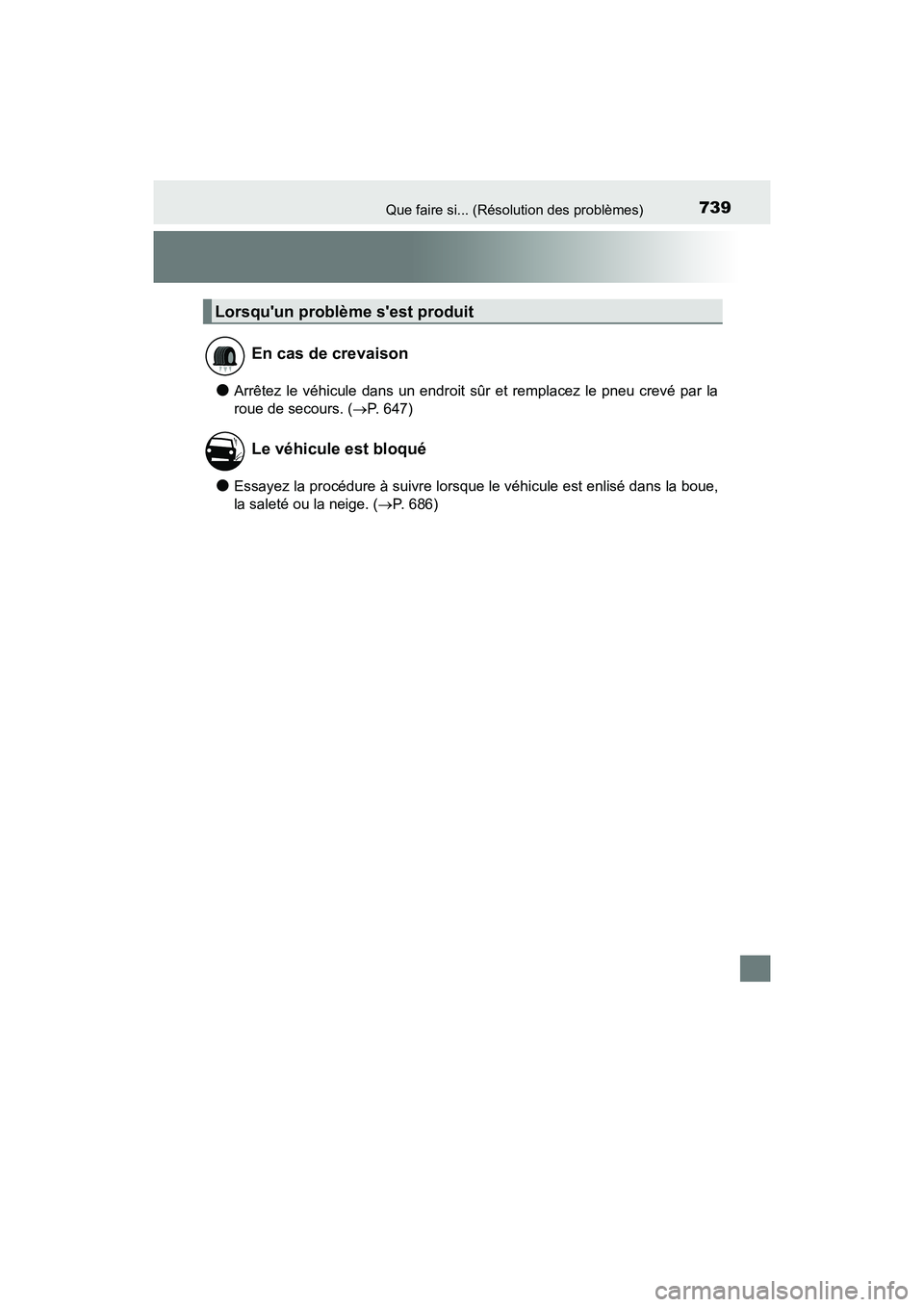 TOYOTA HIGHLANDER HYBRID 2018  Manuel du propriétaire (in French) 739Que faire si... (Résolution des problèmes)
HIGHLANDER_HV_D_OM0E032D
●Arrêtez le véhicule dans un endroit sûr et remplacez le pneu crevé par la 
roue de secours. ( P. 647)
●Essayez la p