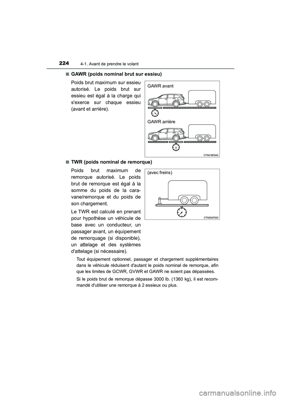 TOYOTA HIGHLANDER HYBRID 2017  Manuel du propriétaire (in French) 2244-1. Avant de prendre le volant
HIGHLANDER_HV_D_OM0E018D■
GAWR (poids nominal brut sur essieu)
Poids brut maximum sur essieu
autorisé. Le poids brut sur
essieu est égal à la charge qui
sexerc