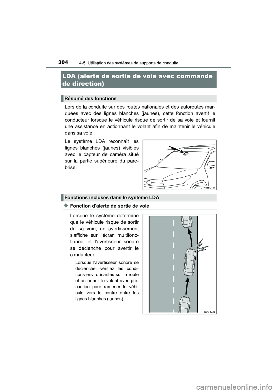 TOYOTA HIGHLANDER HYBRID 2017 Manuel du propriétaire (in French) 3044-5. Utilisation des systèmes de supports de conduite
HIGHLANDER_HV_D_OM0E018D
Lors de la conduite sur des routes nationales et des autoroutes mar-
quées avec des lignes blanches (j aunes), cette TOYOTA HIGHLANDER HYBRID 2017 Manuel du propriétaire (in French) 3044-5. Utilisation des systèmes de supports de conduite
HIGHLANDER_HV_D_OM0E018D
Lors de la conduite sur des routes nationales et des autoroutes mar-
quées avec des lignes blanches (j aunes), cette