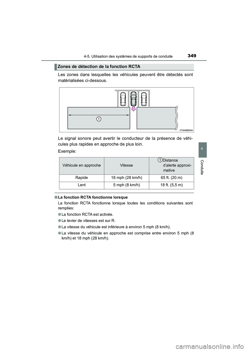 TOYOTA HIGHLANDER HYBRID 2017  Manuel du propriétaire (in French) 3494-5. Utilisation des systèmes de supports de conduite
4
Conduite
HIGHLANDER_HV_D_OM0E018D
Les zones dans lesquelles les véhicules peuvent être détectés sont
matérialisées ci-dessous.
Le sign