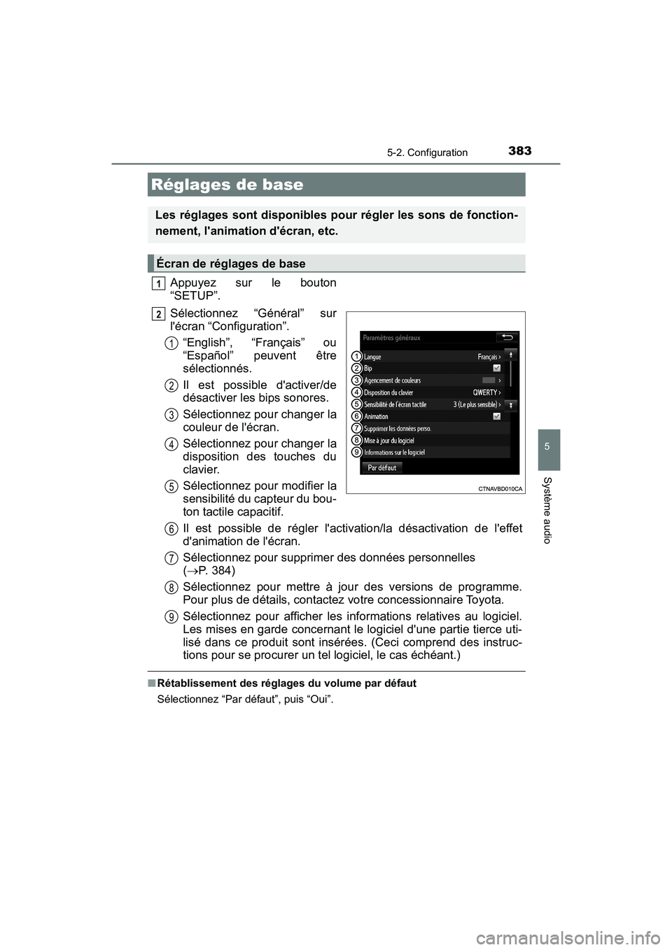 TOYOTA HIGHLANDER HYBRID 2017 Manuel du propriétaire (in French) 3835-2. Configuration
5
Système audio
HIGHLANDER_HV_D_OM0E018D
Appuyez sur le bouton
“SETUP”.
Sélectionnez “Général” sur
lécran “Configuration”.“English”, “Français” ou
“E TOYOTA HIGHLANDER HYBRID 2017 Manuel du propriétaire (in French) 3835-2. Configuration
5
Système audio
HIGHLANDER_HV_D_OM0E018D
Appuyez sur le bouton
“SETUP”.
Sélectionnez “Général” sur
lécran “Configuration”.“English”, “Français” ou
“E