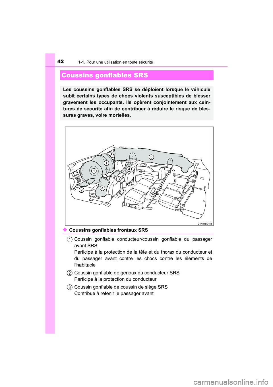 TOYOTA HIGHLANDER HYBRID 2017  Manuel du propriétaire (in French) 421-1. Pour une utilisation en toute sécurité
HIGHLANDER_HV_D_OM0E018D
◆Coussins gonflables frontaux SRSCoussin gonflable conducteur/c oussin gonflable du passager
avant SRS
Participe à la protec