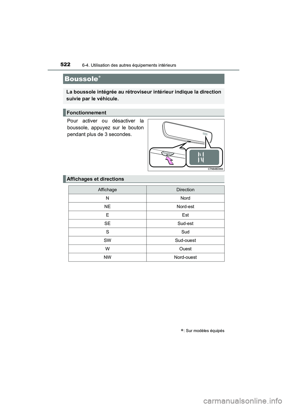 TOYOTA HIGHLANDER HYBRID 2017  Manuel du propriétaire (in French) 5226-4. Utilisation des autres équipements intérieurs
HIGHLANDER_HV_D_OM0E018D
Pour activer ou désactiver la
boussole, appuyez sur le bouton
pendant plus de 3 secondes.
Boussole
: Sur modèle