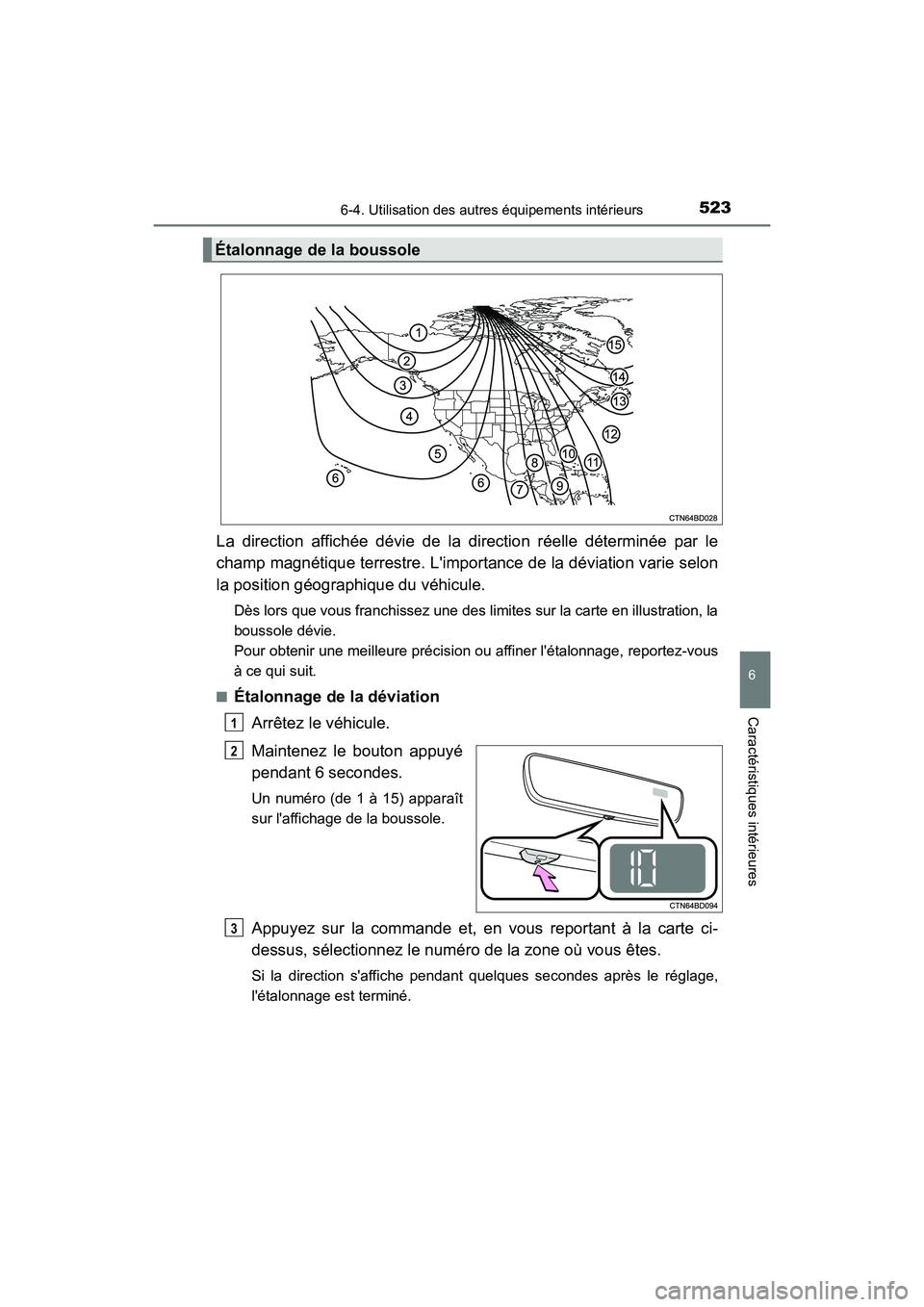 TOYOTA HIGHLANDER HYBRID 2017  Manuel du propriétaire (in French) 5236-4. Utilisation des autres équipements intérieurs
6
Caractéristiques intérieures
HIGHLANDER_HV_D_OM0E018D
La direction affichée dévie de la direction réelle déterminée par le
champ magné