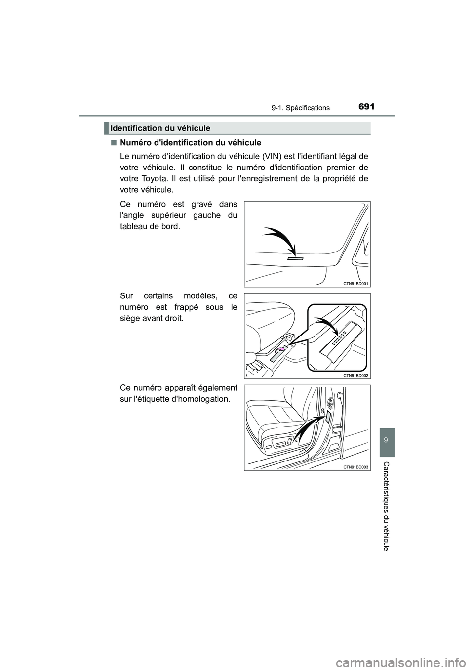TOYOTA HIGHLANDER HYBRID 2017  Manuel du propriétaire (in French) 6919-1. Spécifications
9
Caractéristiques du véhicule
HIGHLANDER_HV_D_OM0E018D■
Numéro didentification du véhicule
Le numéro didentification du véhicule (VIN) est lidentifiant légal de
vo