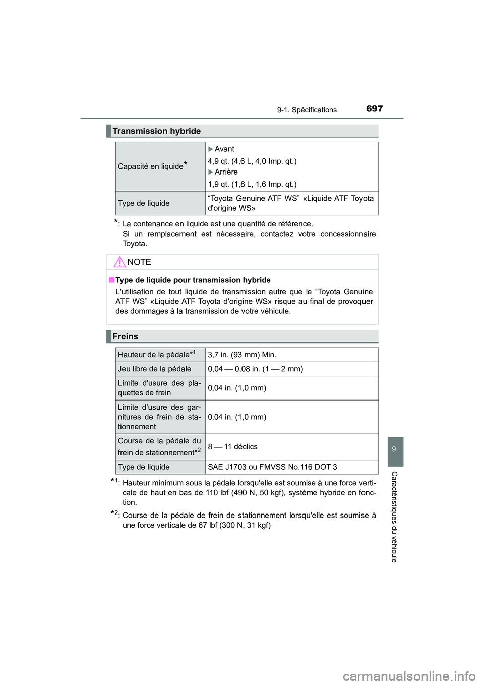 TOYOTA HIGHLANDER HYBRID 2017  Manuel du propriétaire (in French) 6979-1. Spécifications
9
Caractéristiques du véhicule
HIGHLANDER_HV_D_OM0E018D
*: La contenance en liquide est une quantité de référence.Si un remplacement est nécessaire, contactez votre conce