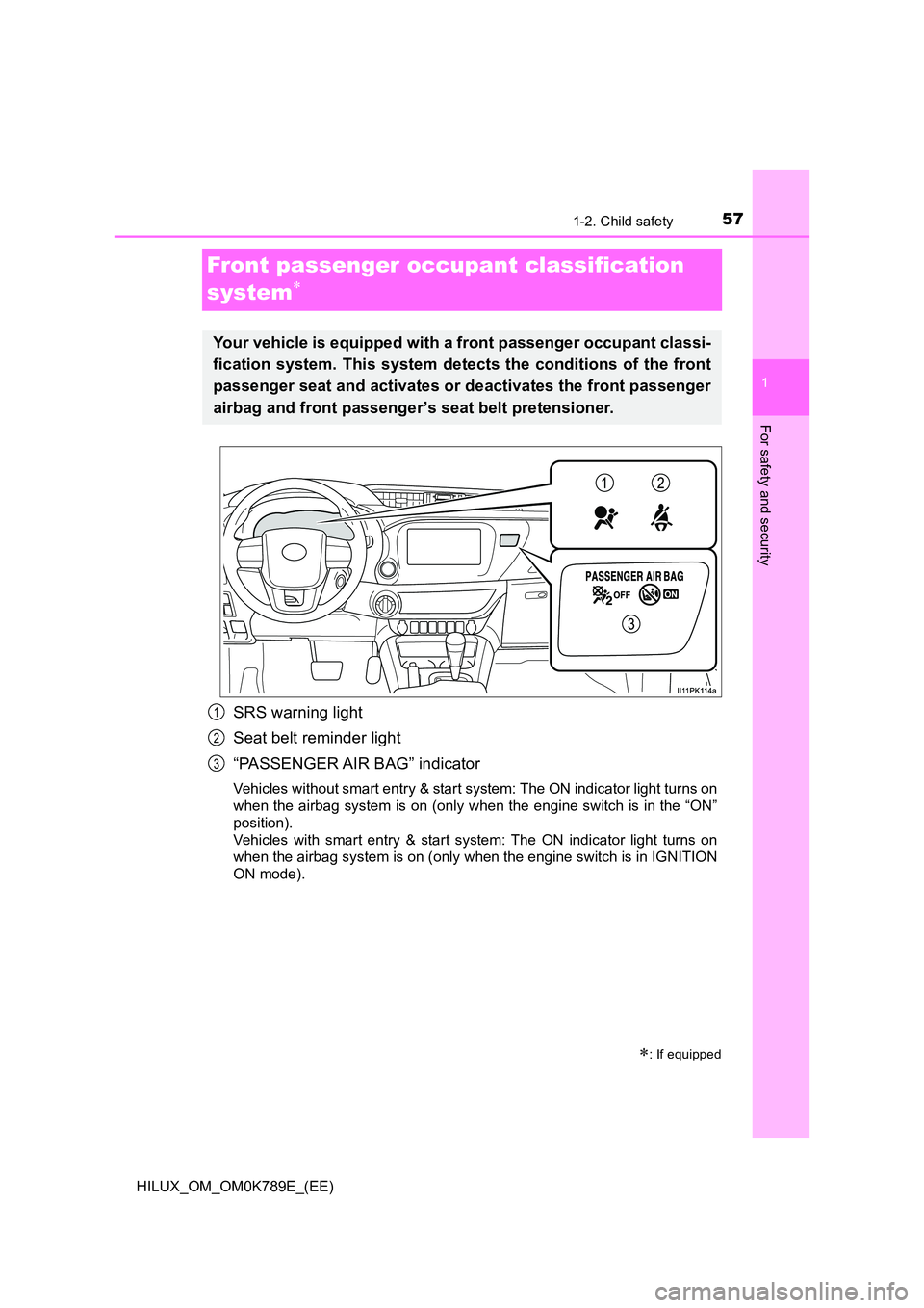 TOYOTA HILUX 2023  Owners Manual 571-2. Child safety
1
HILUX_OM_OM0K789E_(EE)
For safety and security
Front passenger occupant classification  
system
SRS warning light 
Seat belt reminder light 
“PASSENGER AIR  BAG”  indicato