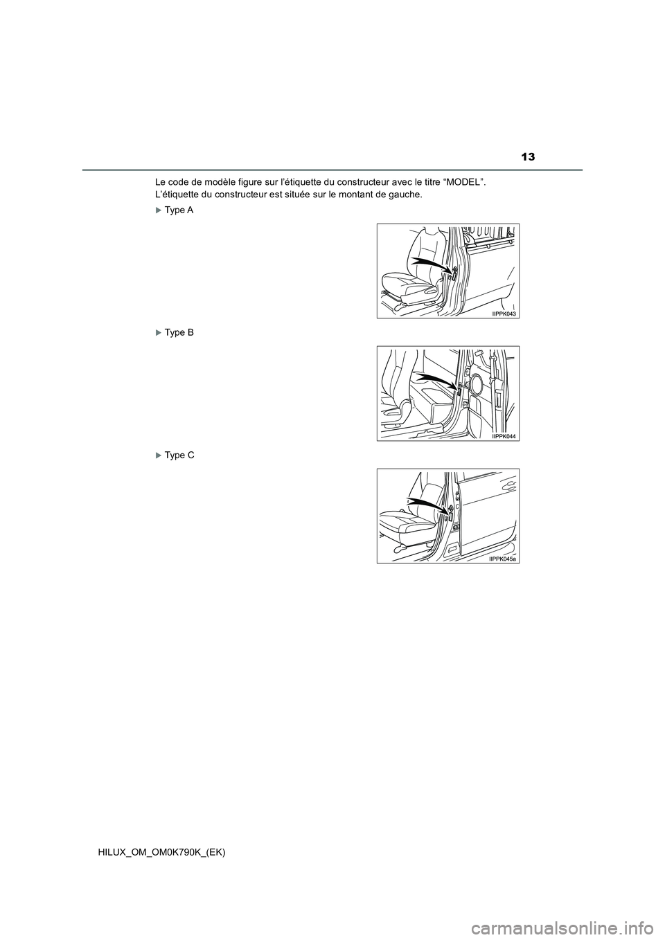 TOYOTA HILUX 2023  Manuel du propriétaire (in French) 13
HILUX_OM_OM0K790K_(EK) 
Le code de modèle figure sur l’étiquette du constructeur avec le titre “MODEL”. 
L’étiquette du constructeur est située sur le montant de gauche.
Type A
Ty