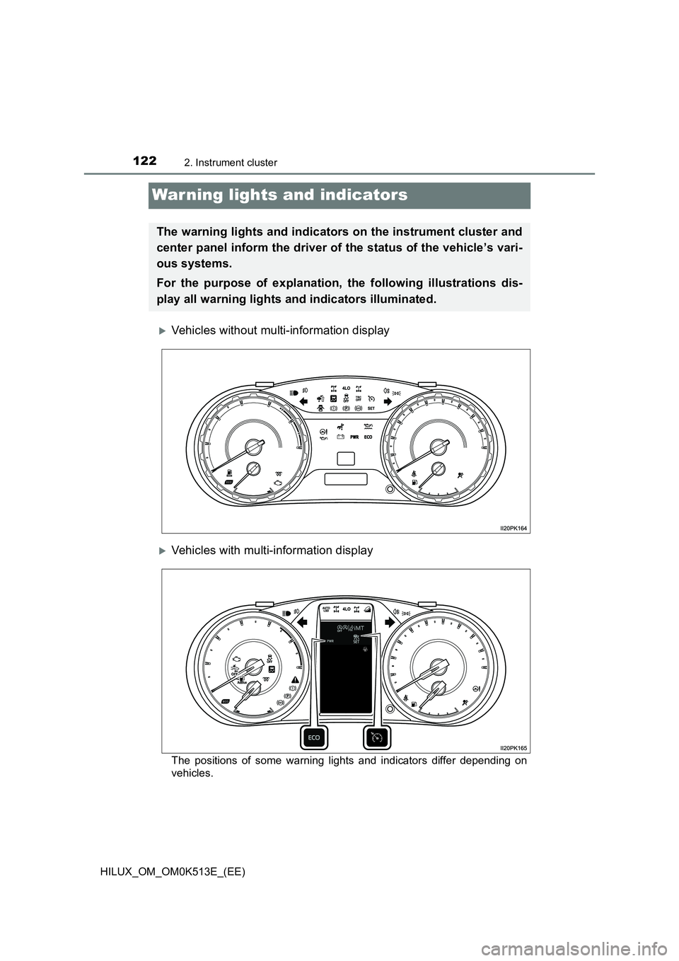 TOYOTA HILUX 2022  Owners Manual 1222. Instrument cluster
HILUX_OM_OM0K513E_(EE)
War ning lights and indicators
Vehicles without multi-information display
Vehicles with multi-information display
The positions of some warning li