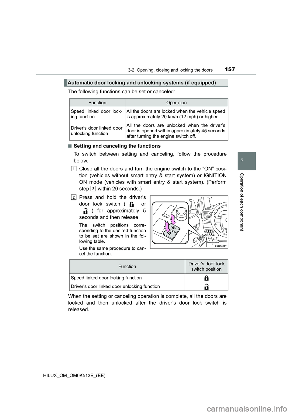 TOYOTA HILUX 2022  Owners Manual 1573-2. Opening, closing and locking the doors
3
Operation of each component
HILUX_OM_OM0K513E_(EE)
The following functions can be set or canceled:
�QSetting and canceling the functions 
To switch bet