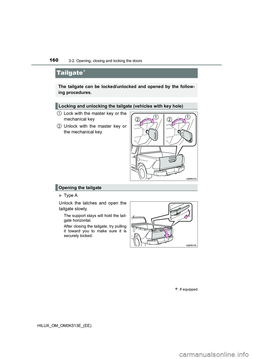 TOYOTA HILUX 2022  Owners Manual 1603-2. Opening, closing and locking the doors
HILUX_OM_OM0K513E_(EE)
Ta i lg at e
Lock with the master key or the 
mechanical key 
Unlock with the master key or 
the mechanical key
Ty pe  A 
Un