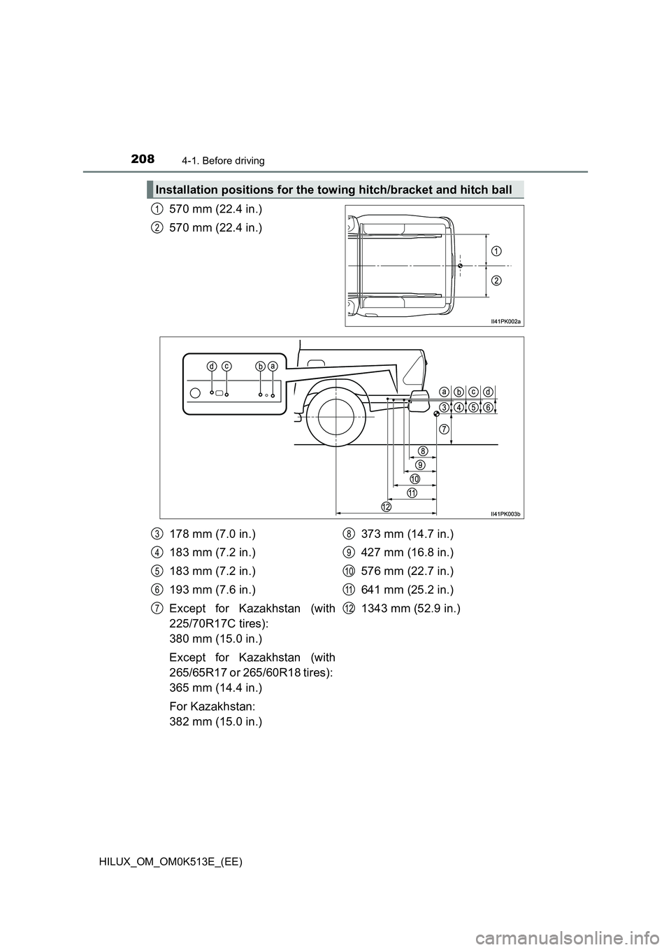 TOYOTA HILUX 2022  Owners Manual 2084-1. Before driving
HILUX_OM_OM0K513E_(EE)
570 mm (22.4 in.) 
570 mm (22.4 in.)
Installation positions for the towing hitch/bracket and hitch ball
1
2
178 mm (7.0 in.)
183 mm (7.2 in.) 
183 mm (7.2