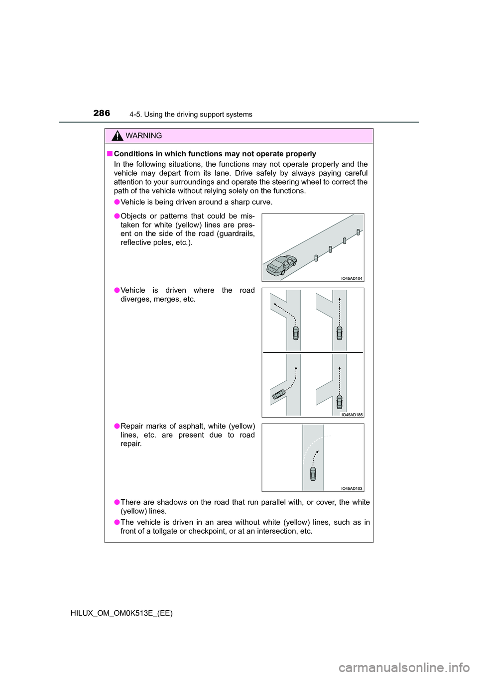 TOYOTA HILUX 2022  Owners Manual 2864-5. Using the driving support systems
HILUX_OM_OM0K513E_(EE)
WARNING
�QConditions in which functions may not operate properly 
In the following situations, the functions may not operate properly a