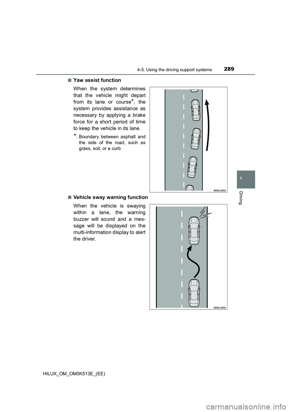 TOYOTA HILUX 2022  Owners Manual 2894-5. Using the driving support systems
4
Driving
HILUX_OM_OM0K513E_(EE) 
�QYaw assist function 
When the system determines 
that the vehicle might depart 
from its lane or course*, the 
system prov