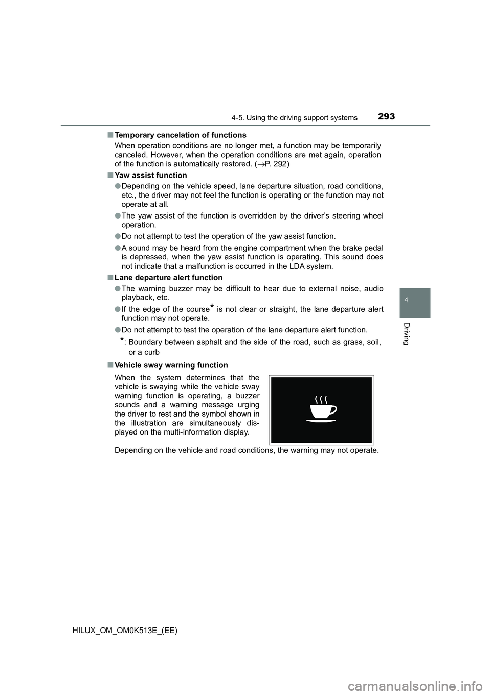 TOYOTA HILUX 2022  Owners Manual 2934-5. Using the driving support systems
4
Driving
HILUX_OM_OM0K513E_(EE) 
�Q Temporary cancelation of functions 
When operation conditions are no longer met, a function may be temporarily 
canceled.
