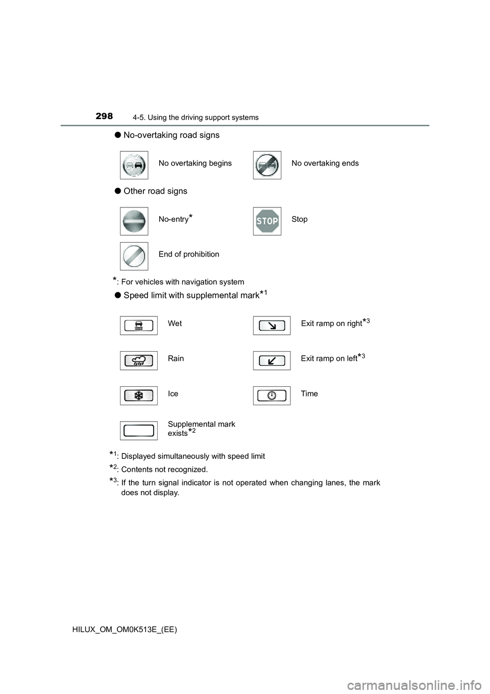 TOYOTA HILUX 2022  Owners Manual 2984-5. Using the driving support systems
HILUX_OM_OM0K513E_(EE)
�ONo-overtaking road signs 
�O Other road signs
*: For vehicles with navigation system
�OSpeed limit with supplemental mark*1
*1: Displ