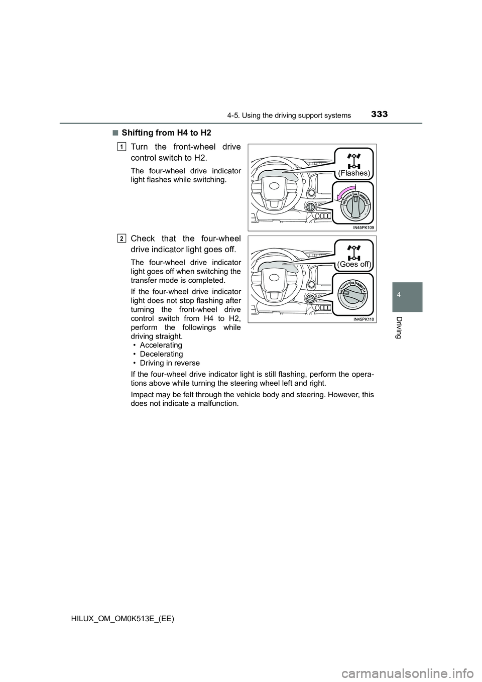 TOYOTA HILUX 2022  Owners Manual 3334-5. Using the driving support systems
4
Driving
HILUX_OM_OM0K513E_(EE) 
�QShifting from H4 to H2 
Turn the front-wheel drive 
control switch to H2.
The four-wheel drive indicator 
light flashes wh