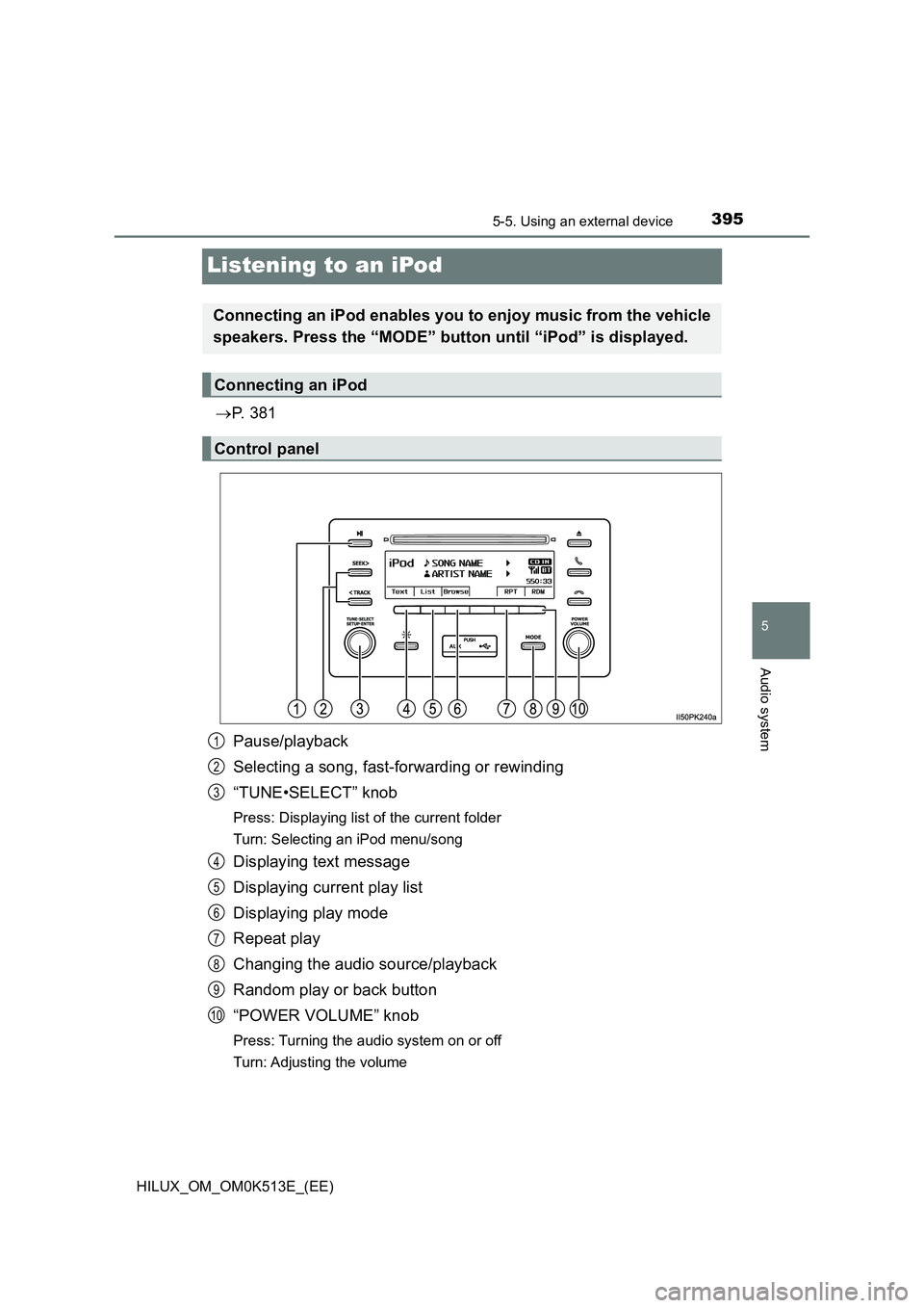 TOYOTA HILUX 2022  Owners Manual 395
5
5-5. Using an external device
Audio system
HILUX_OM_OM0K513E_(EE)
Listening to an iPod
P.  3 8 1 
Pause/playback 
Selecting a song, fast-forwarding or rewinding 
“TUNE•SELECT” knob
Pres