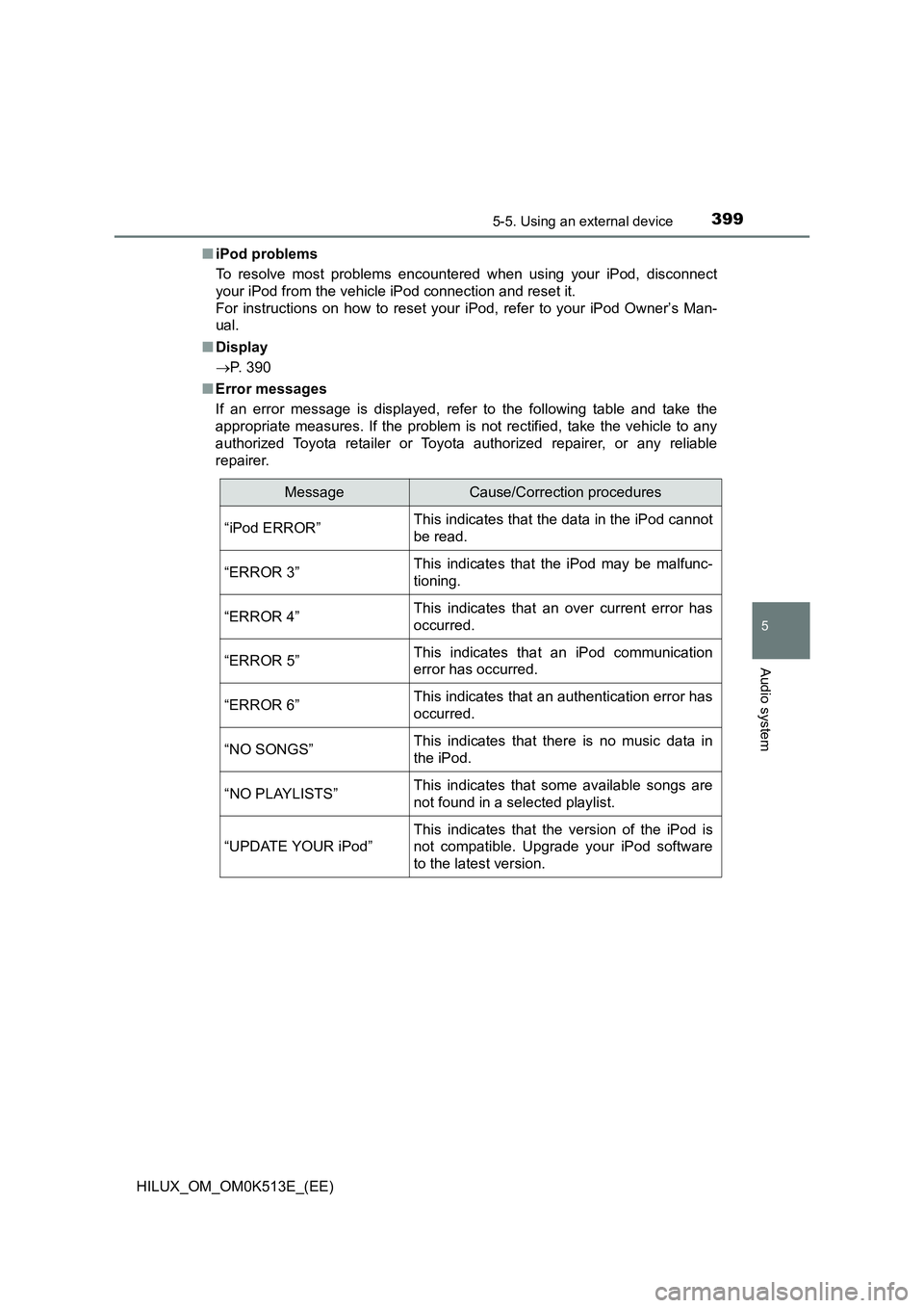 TOYOTA HILUX 2022  Owners Manual 3995-5. Using an external device
5
Audio system
HILUX_OM_OM0K513E_(EE) 
�Q iPod problems 
To resolve most problems encountered when using your iPod, disconnect 
your iPod from the vehicle iPod connect