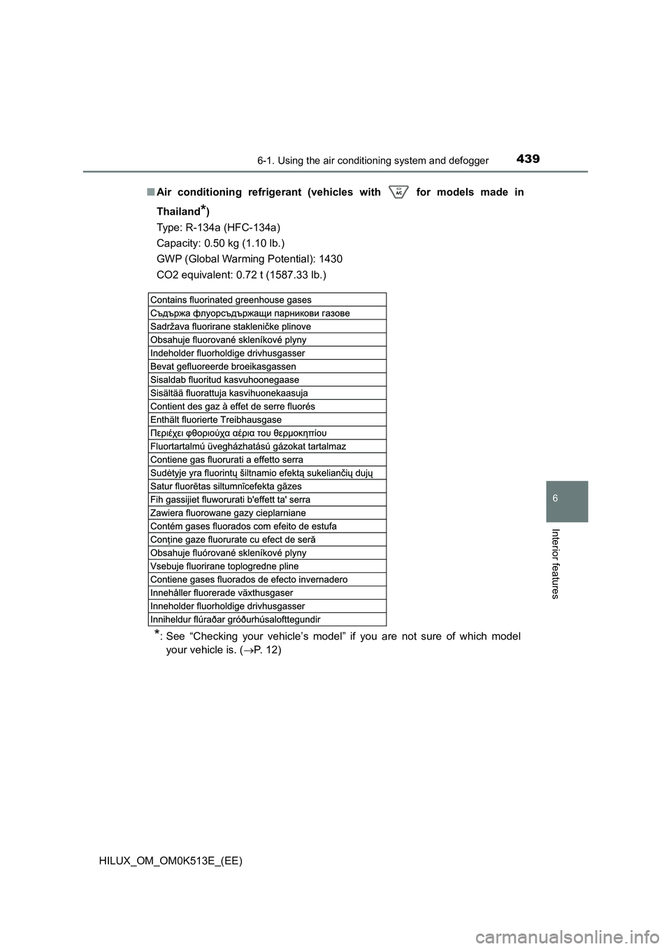 TOYOTA HILUX 2022  Owners Manual 4396-1. Using the air conditioning system and defogger
6
Interior features
HILUX_OM_OM0K513E_(EE) 
�Q Air conditioning refrigerant (vehicles with   for models made in 
Thailand*) 
Type: R-134a (HFC-13