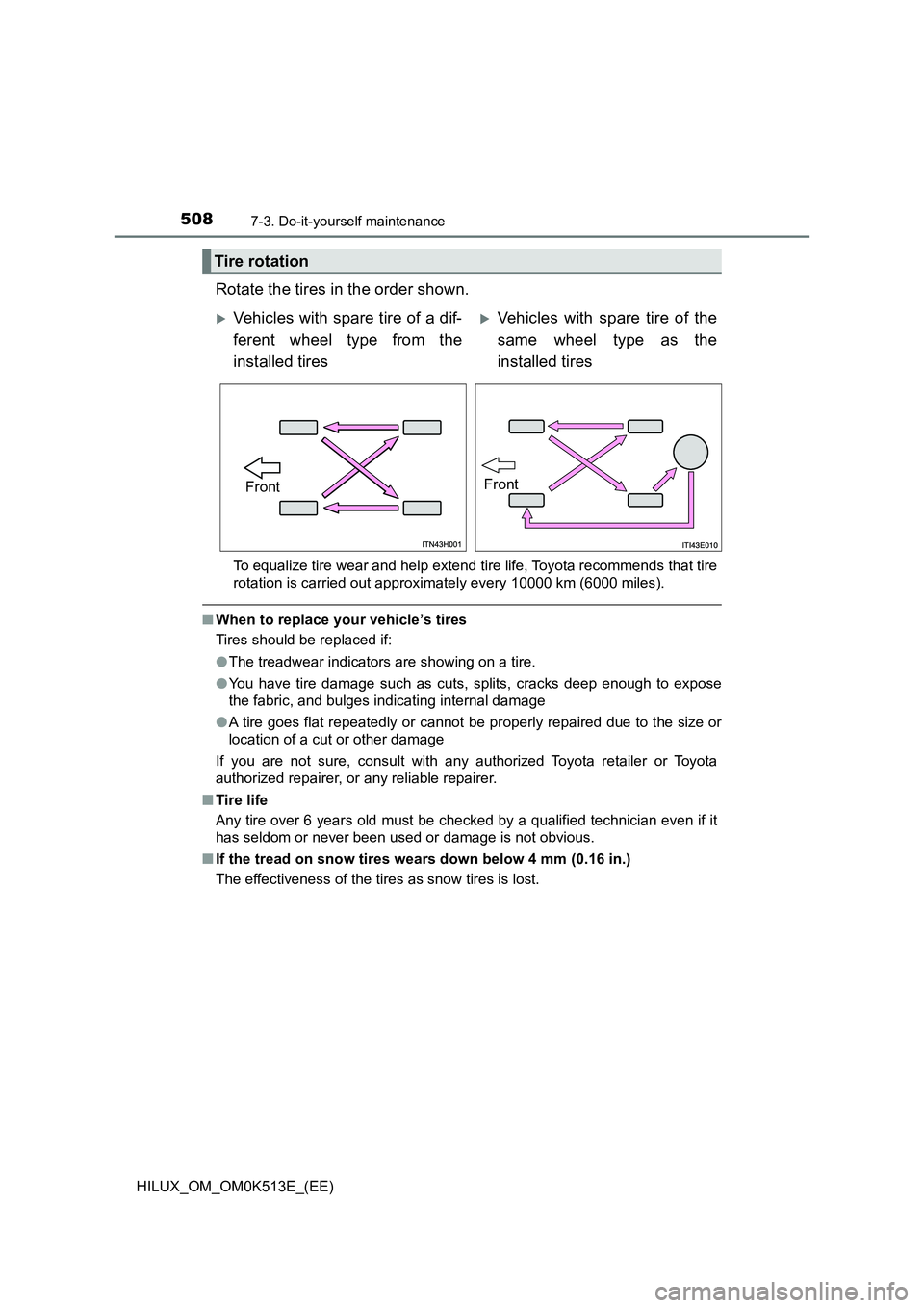 TOYOTA HILUX 2022  Owners Manual 5087-3. Do-it-yourself maintenance
HILUX_OM_OM0K513E_(EE)
Rotate the tires in the order shown.
To equalize tire wear and help extend tire life, Toyota recommends that tire 
rotation is carried out app