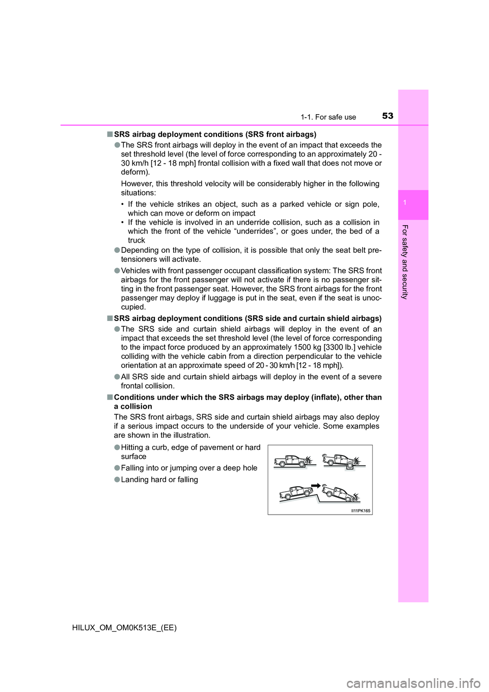 TOYOTA HILUX 2022  Owners Manual 531-1. For safe use
1
HILUX_OM_OM0K513E_(EE)
For safety and security
�QSRS airbag deployment conditions (SRS front airbags) 
�O The SRS front airbags will deploy in the event of an impact that exceeds