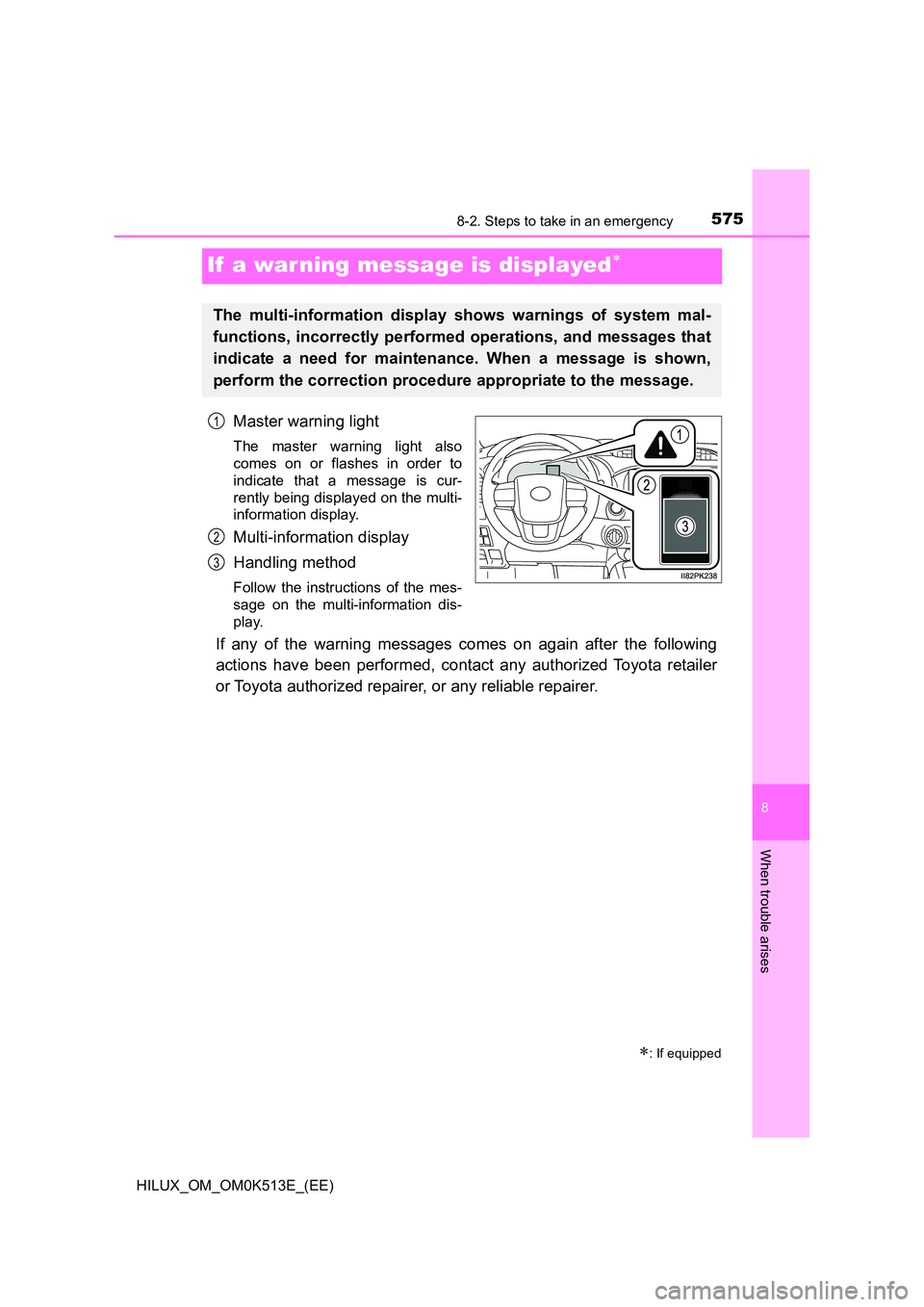 TOYOTA HILUX 2022  Owners Manual 5758-2. Steps to take in an emergency
HILUX_OM_OM0K513E_(EE)
8
When trouble arises
If  a war ning message is displayed
Master warning light
The master warning light also 
comes on or flashes in ord