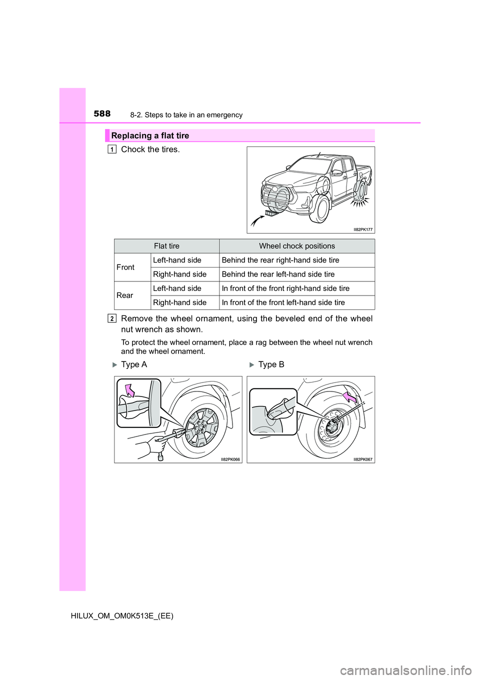 TOYOTA HILUX 2022  Owners Manual 5888-2. Steps to take in an emergency
HILUX_OM_OM0K513E_(EE)
Chock the tires. 
Remove the wheel ornament, using the beveled end of the wheel 
nut wrench as shown.
To protect the wheel ornament, place 