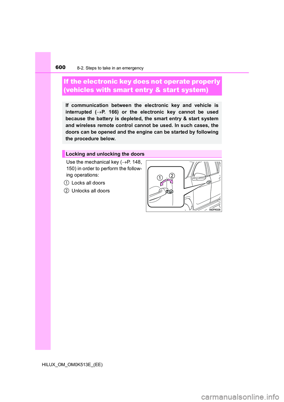 TOYOTA HILUX 2022  Owners Manual 6008-2. Steps to take in an emergency
HILUX_OM_OM0K513E_(EE)
If  the electronic key does not operate properly  
(vehicles with smar t entr y & start system)
Use the mechanical key ( P. 148, 
150) i