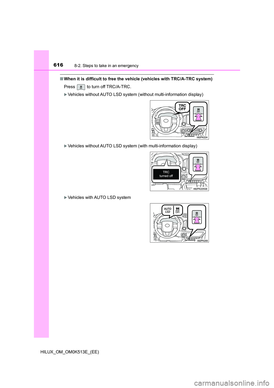 TOYOTA HILUX 2022  Owners Manual 6168-2. Steps to take in an emergency
HILUX_OM_OM0K513E_(EE)
�QWhen it is difficult to free the vehicle (vehicles with TRC/A-TRC system) 
Press   to turn off TRC/A-TRC.
Vehicles without AUTO LSD sy