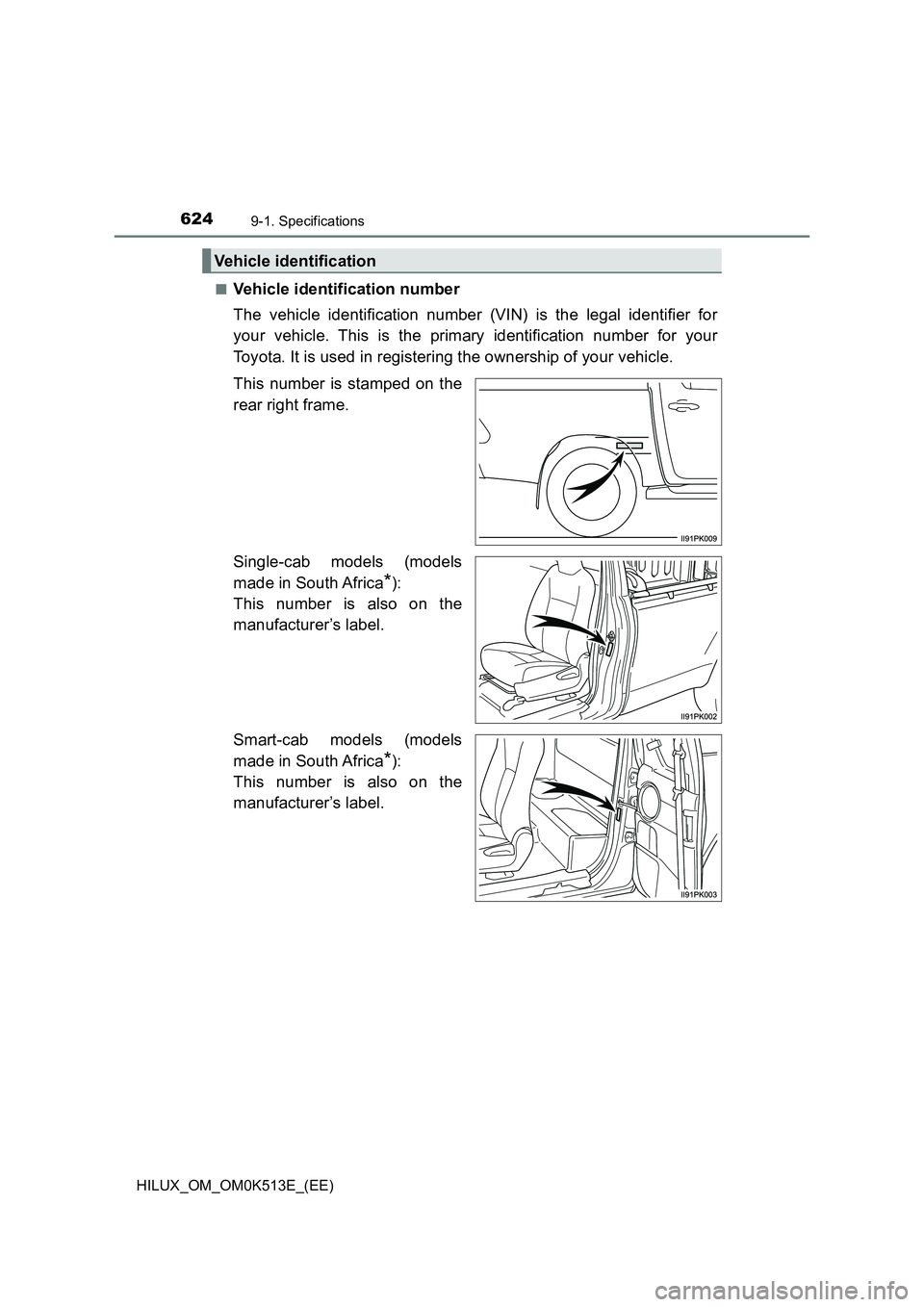 TOYOTA HILUX 2022  Owners Manual 6249-1. Specifications
HILUX_OM_OM0K513E_(EE) 
�QVehicle identification number 
The vehicle identification number (VIN) is the legal identifier for 
your vehicle. This is the primary identification nu