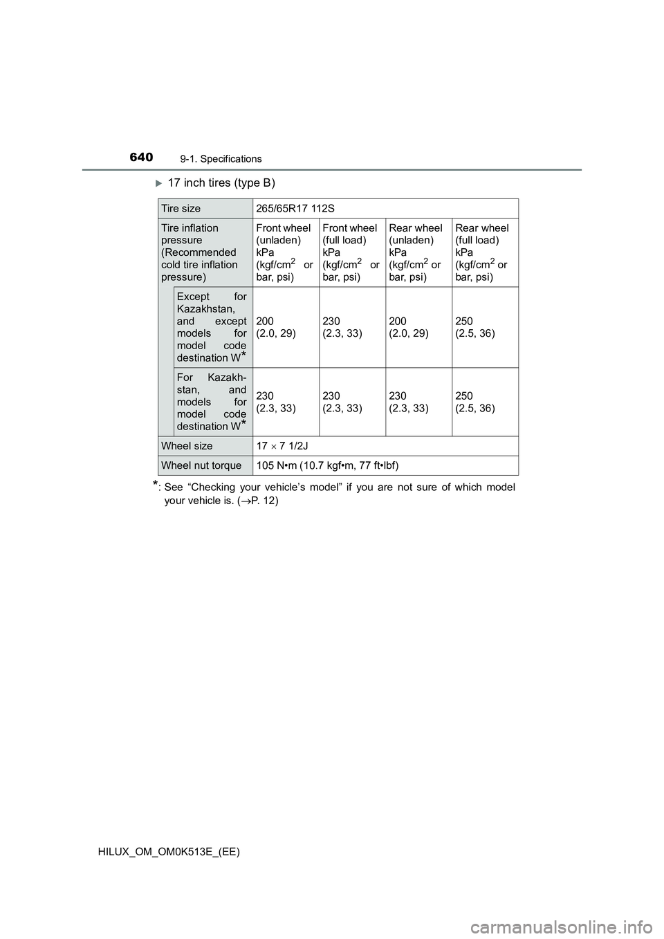 TOYOTA HILUX 2022  Owners Manual 6409-1. Specifications
HILUX_OM_OM0K513E_(EE)
17 inch tires (type B)
*: See “Checking your vehicle’s model” if you are not sure of which model 
your vehicle is. ( P. 12)
Tire size265/65R17