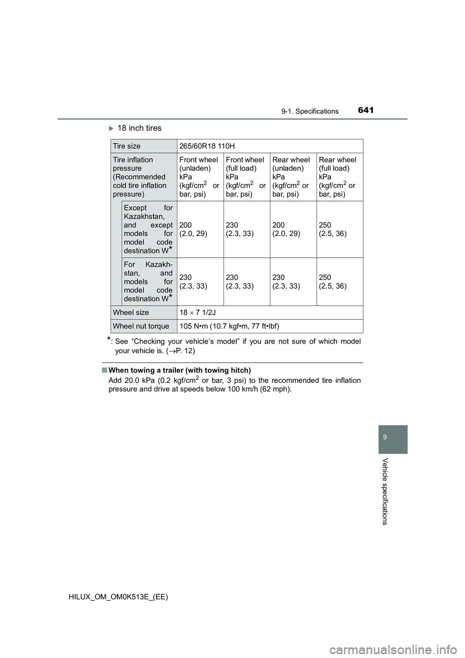 TOYOTA HILUX 2022  Owners Manual 641
9
9-1. Specifications
Vehicle specifications
HILUX_OM_OM0K513E_(EE)
18 inch tires
*: See “Checking your vehicle’s model” if you are not sure of which model 
your vehicle is. ( P. 12)
�