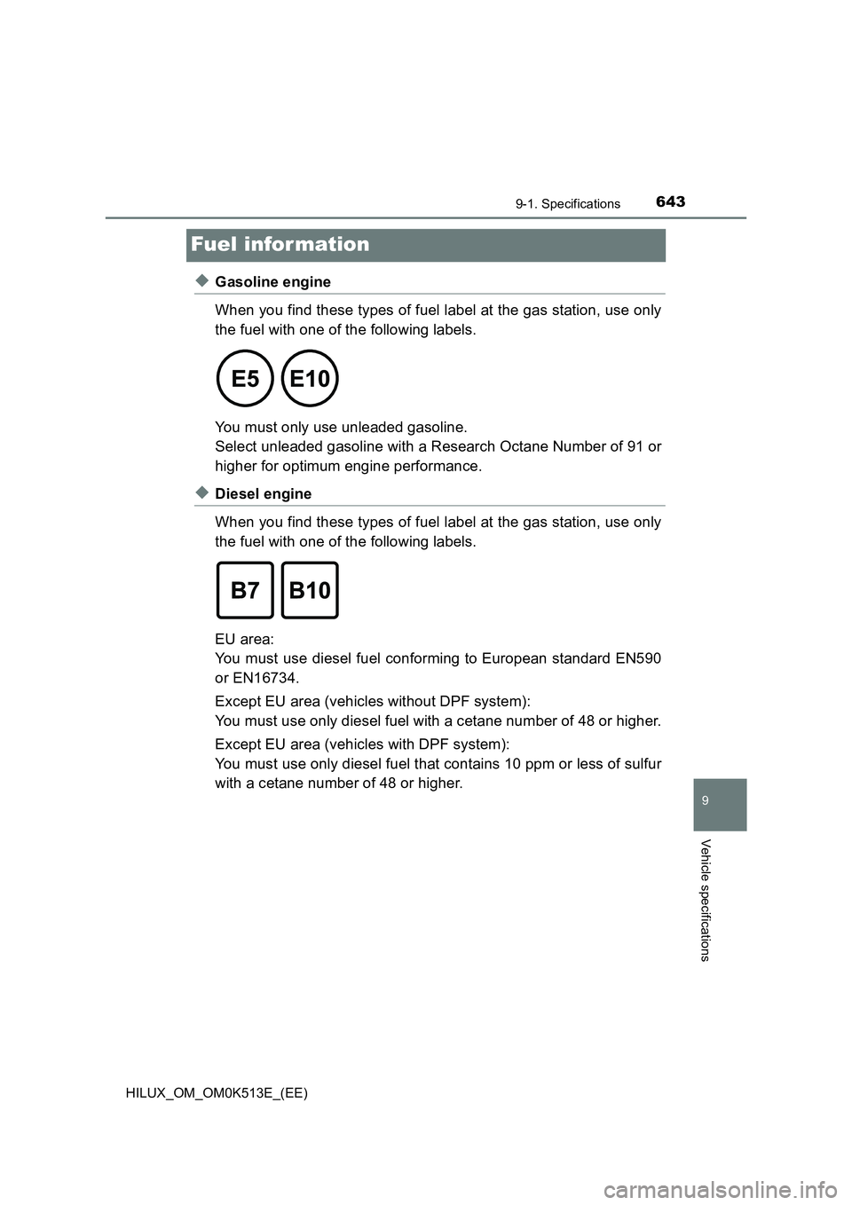 TOYOTA HILUX 2022  Owners Manual 6439-1. Specifications
HILUX_OM_OM0K513E_(EE)
9
Vehicle specifications
Fuel infor mation
�XGasoline engine 
When you find these types of fuel label at the gas station, use only 
the fuel with one of t