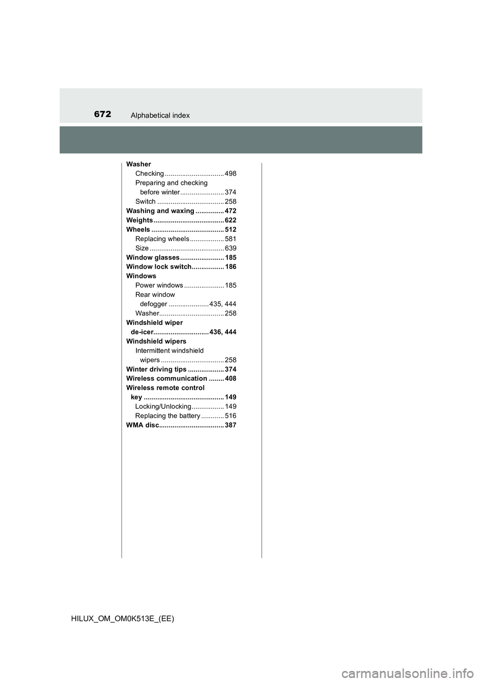 TOYOTA HILUX 2022  Owners Manual 672Alphabetical index
HILUX_OM_OM0K513E_(EE)
Washer 
Checking ............................... 498
Preparing and checking 
before winter....................... 374 
Switch .............................