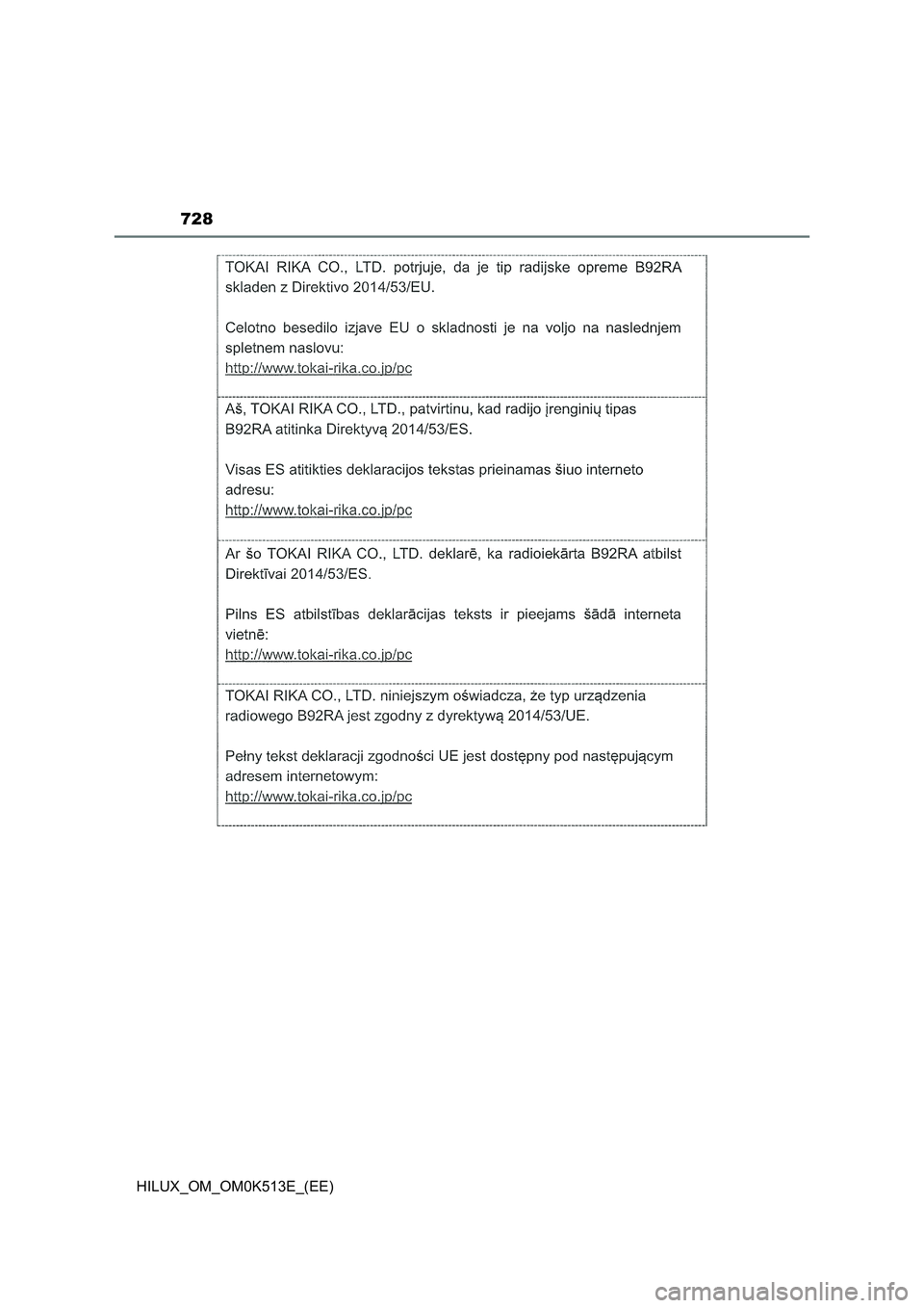 TOYOTA HILUX 2022  Owners Manual 728
HILUX_OM_OM0K513E_(EE) 